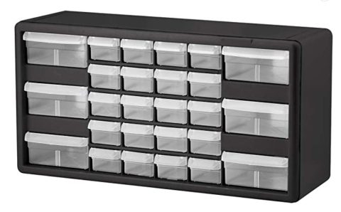 photo of a black toolbox with clear drawers 