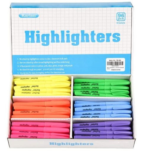 A box of multicolored highlighters. 