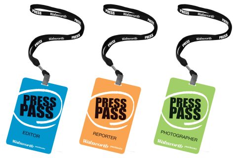 a photo of three lanyards in a row. One is blue, one is orange and the other is green. They say "Press Pass" and the title