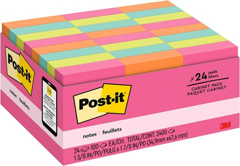 A photo of a 24 pack of multi-colored Post Its. 