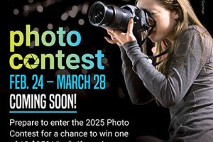 A graphic with information about the upcoming photo contest. The image has text that reads "photo contest Feb. 24 - March 28th Coming soon! Prepare to enter the 2025 Photo Contest for a chance to win one of 10 $250 Visa gift cards."