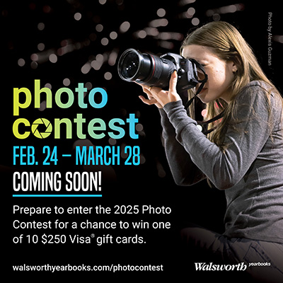 A graphic with information about the upcoming photo contest. The image has text that reads "photo contest Feb. 24 - March 28th Coming soon! Prepare to enter the 2025 Photo Contest for a chance to win one of 10 $250 Visa gift cards."