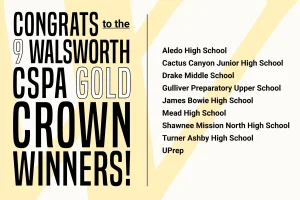 A graphic with text that says "Congrats to the 9 Walsworth CSPA Gold Crown Winners"